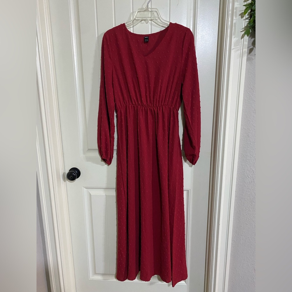 SHEIN Red Bishop Sleeve V-Neck Gown
